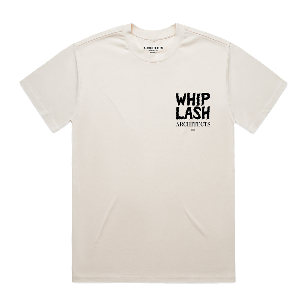 Ecru unisex short-sleeve T-Shirt featuring an Architects "Whiplash" print on the front right chest.