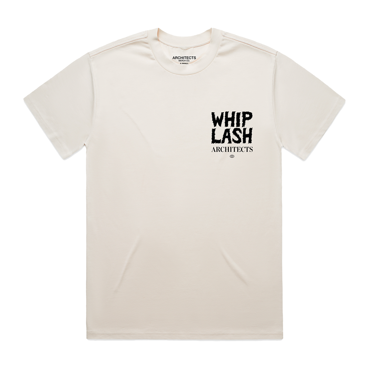 Ecru unisex short-sleeve T-Shirt featuring an Architects "Whiplash" print on the front right chest.