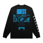Black long-sleeve unisex regular-fit T-shirt featuring a blue Architects snake print across the back and a barbed wire print along the right sleeve.