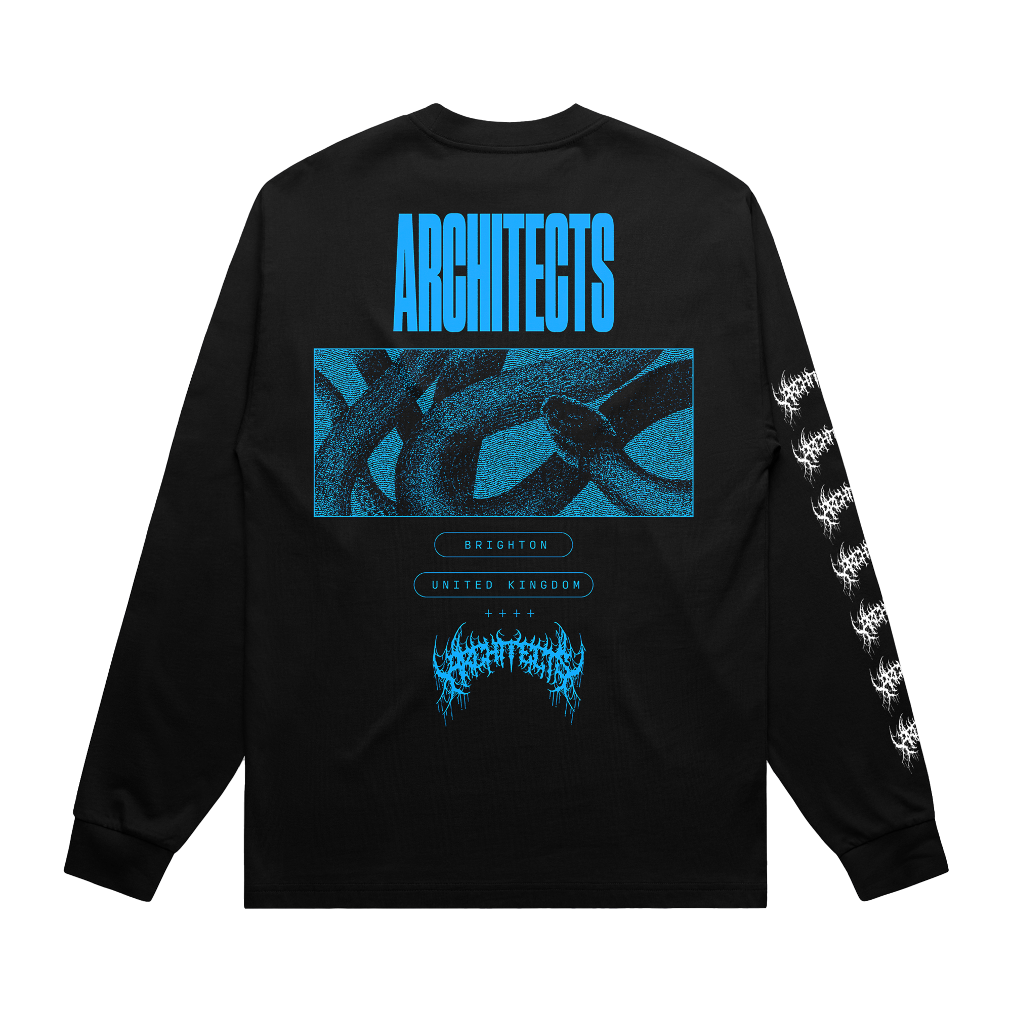 Black long-sleeve unisex regular-fit T-shirt featuring a blue Architects snake print across the back and a barbed wire print along the right sleeve.