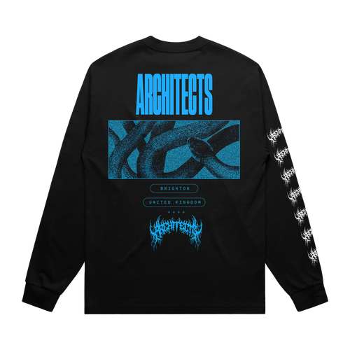 Black long-sleeve unisex regular-fit T-shirt featuring a blue Architects snake print across the back and a barbed wire print along the right sleeve.