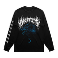 Black long-sleeve unisex regular-fit T-shirt featuring an Architects wolf print across the front and a barbed wire print along the right sleeve.