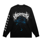 Black long-sleeve unisex regular-fit T-shirt featuring an Architects wolf print across the front and a barbed wire print along the right sleeve.