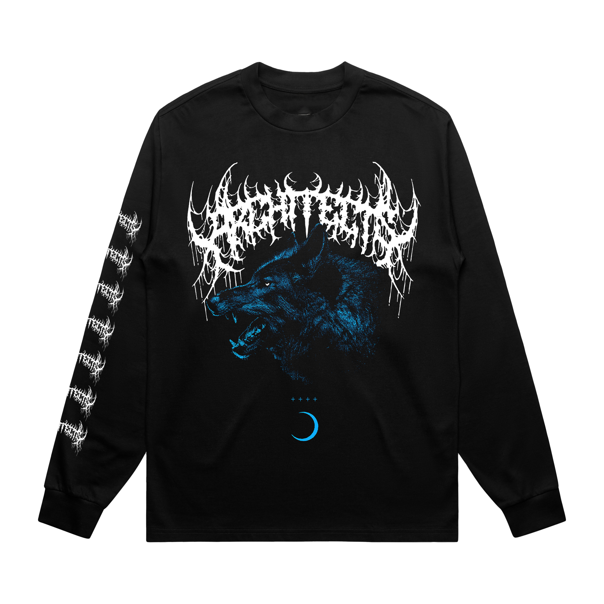 Black long-sleeve unisex regular-fit T-shirt featuring an Architects wolf print across the front and a barbed wire print along the right sleeve.