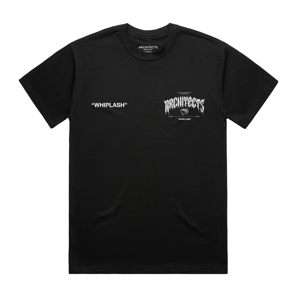 Black unisex short-sleeve T-Shirt with white Architects Whiplash text print across the front chest