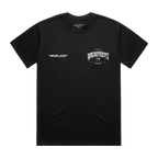 Black unisex short-sleeve T-Shirt with white Architects Whiplash text print across the front chest