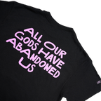 Black Unisex short-sleeve t-shirt with pink Architects "All Our God Have Abandoned Us" skull text across the back