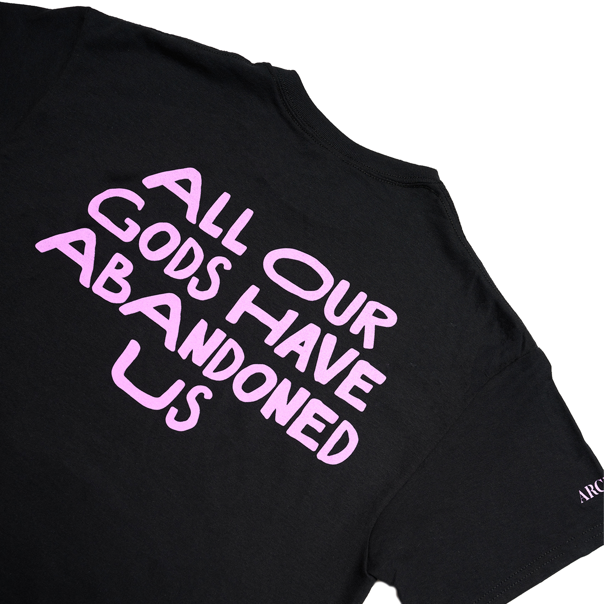 Black Unisex short-sleeve t-shirt with pink Architects "All Our God Have Abandoned Us" skull text across the back