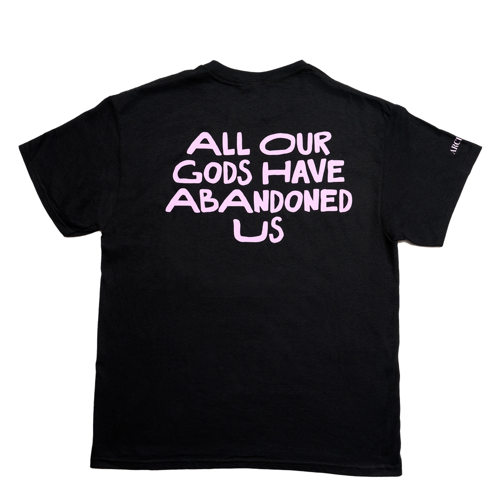 Black Unisex short-sleeve t-shirt with pink Architects "All Our God Have Abandoned Us" text print across the back