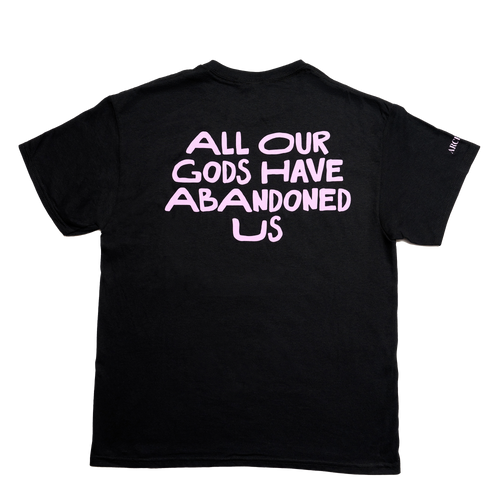 Black Unisex short-sleeve t-shirt with pink Architects "All Our God Have Abandoned Us" text print across the back