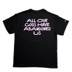 Black Unisex short-sleeve t-shirt with pink Architects "All Our God Have Abandoned Us" skull text across the back