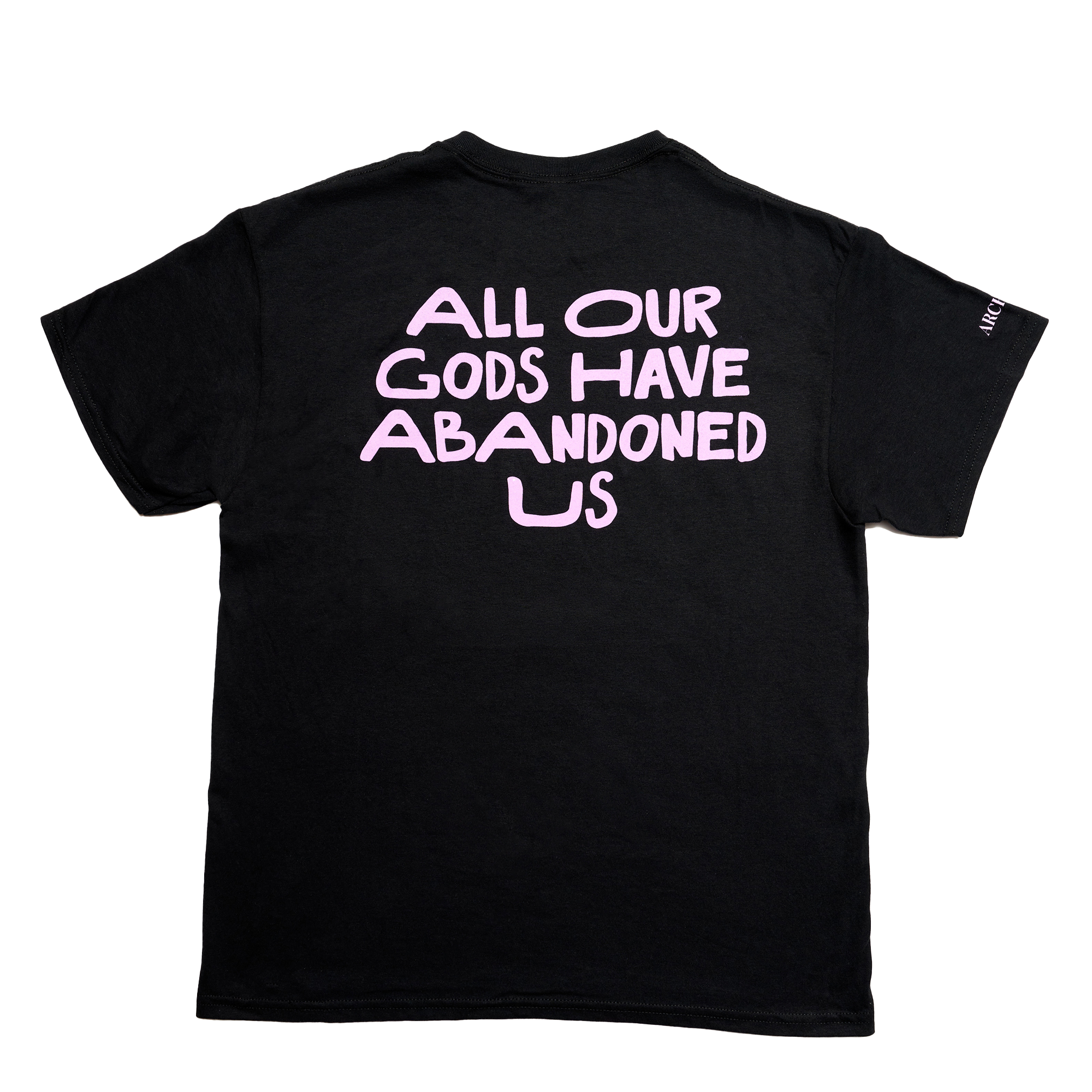 Black Unisex short-sleeve t-shirt with pink Architects "All Our God Have Abandoned Us" skull text across the back
