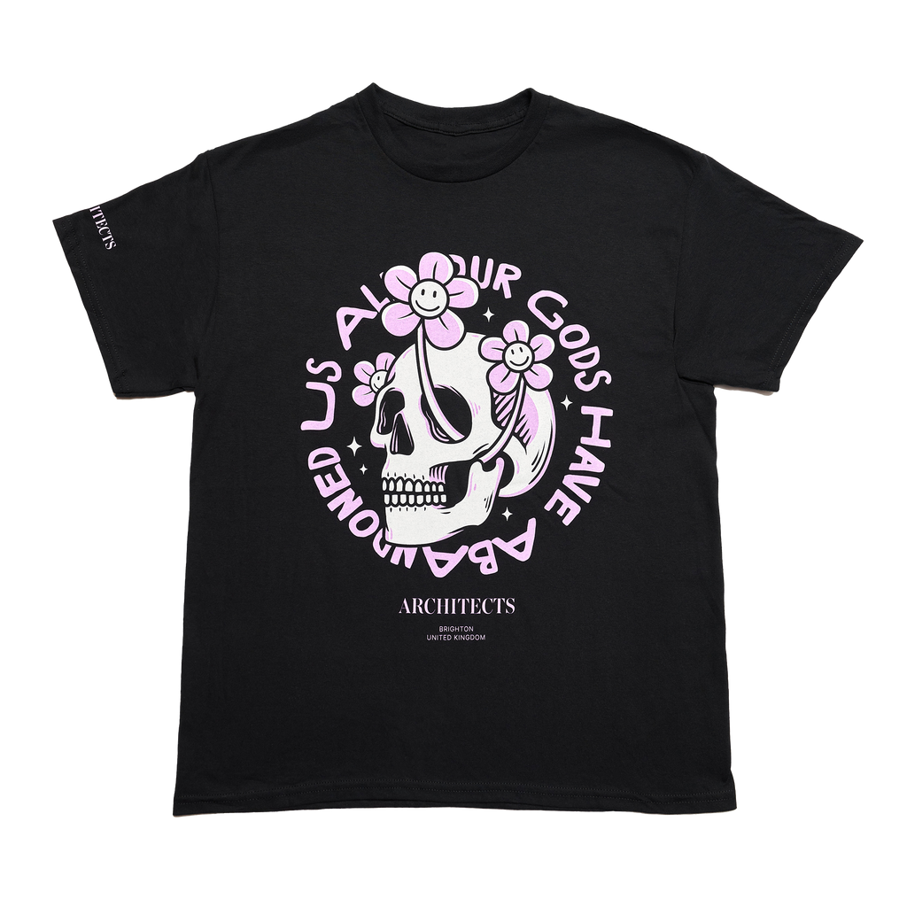 Black Unisex short-sleeve t-shirt with pink Architects "All Our God Have Abandoned Us" skull print across the front