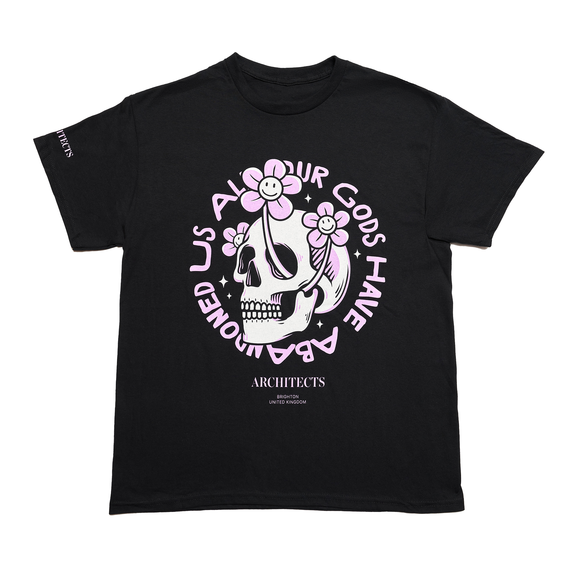 Black Unisex short-sleeve t-shirt with pink Architects "All Our God Have Abandoned Us" skull print across the front