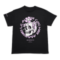 Black Children's short-sleeve t-shirt with pink Architects "All Our God Have Abandoned Us" skull print across the front