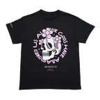 Black Children's short-sleeve t-shirt with pink Architects "All Our God Have Abandoned Us" skull print across the front