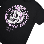 Black Unisex short-sleeve t-shirt with pink Architects "All Our God Have Abandoned Us" skull print across the front