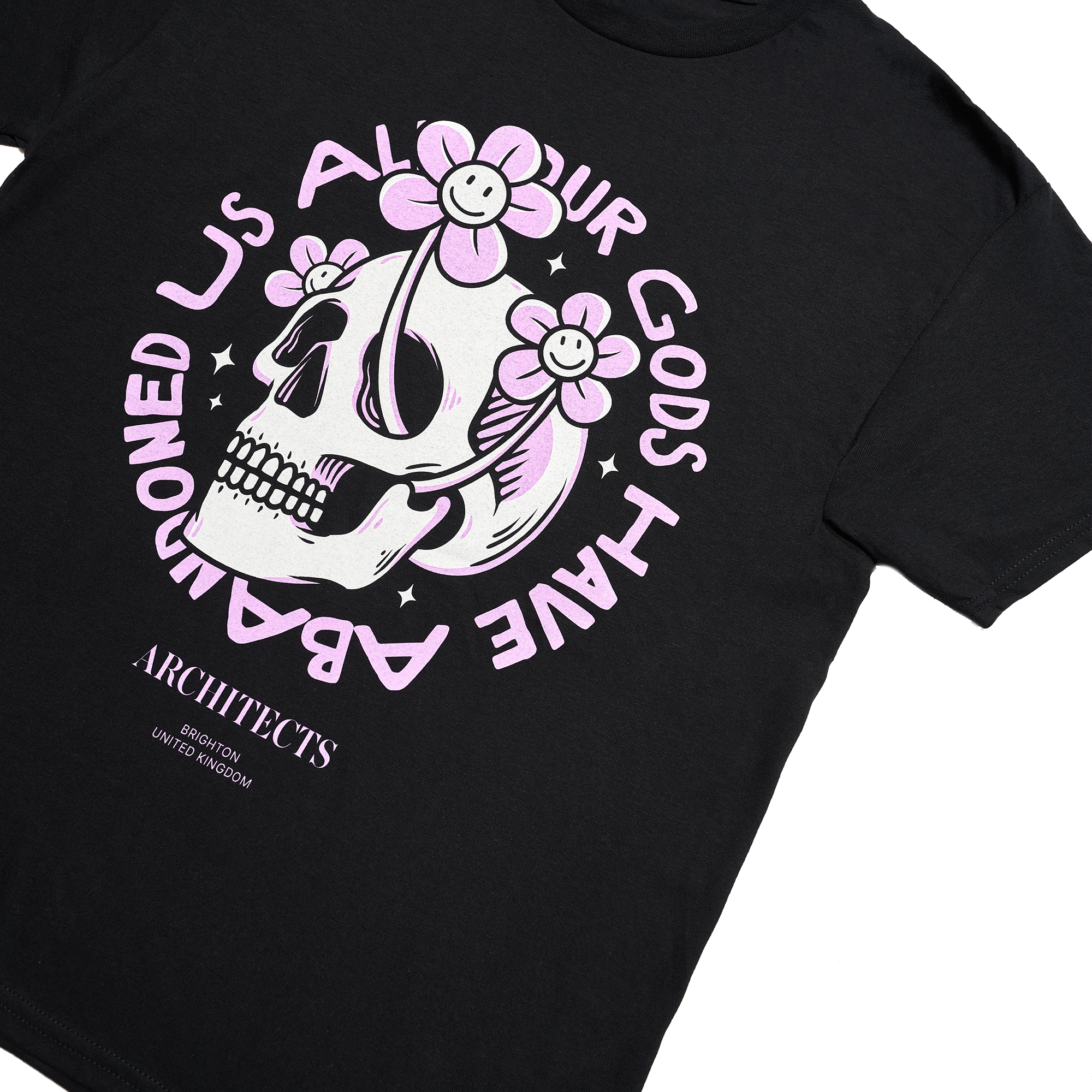 Black Children's short-sleeve t-shirt with pink Architects "All Our God Have Abandoned Us" skull print across the front