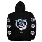 Black regular-fit unisex hoodie featuring a blue Architects rose print across the back, with blue, pink, and white rose prints along the sleeves.