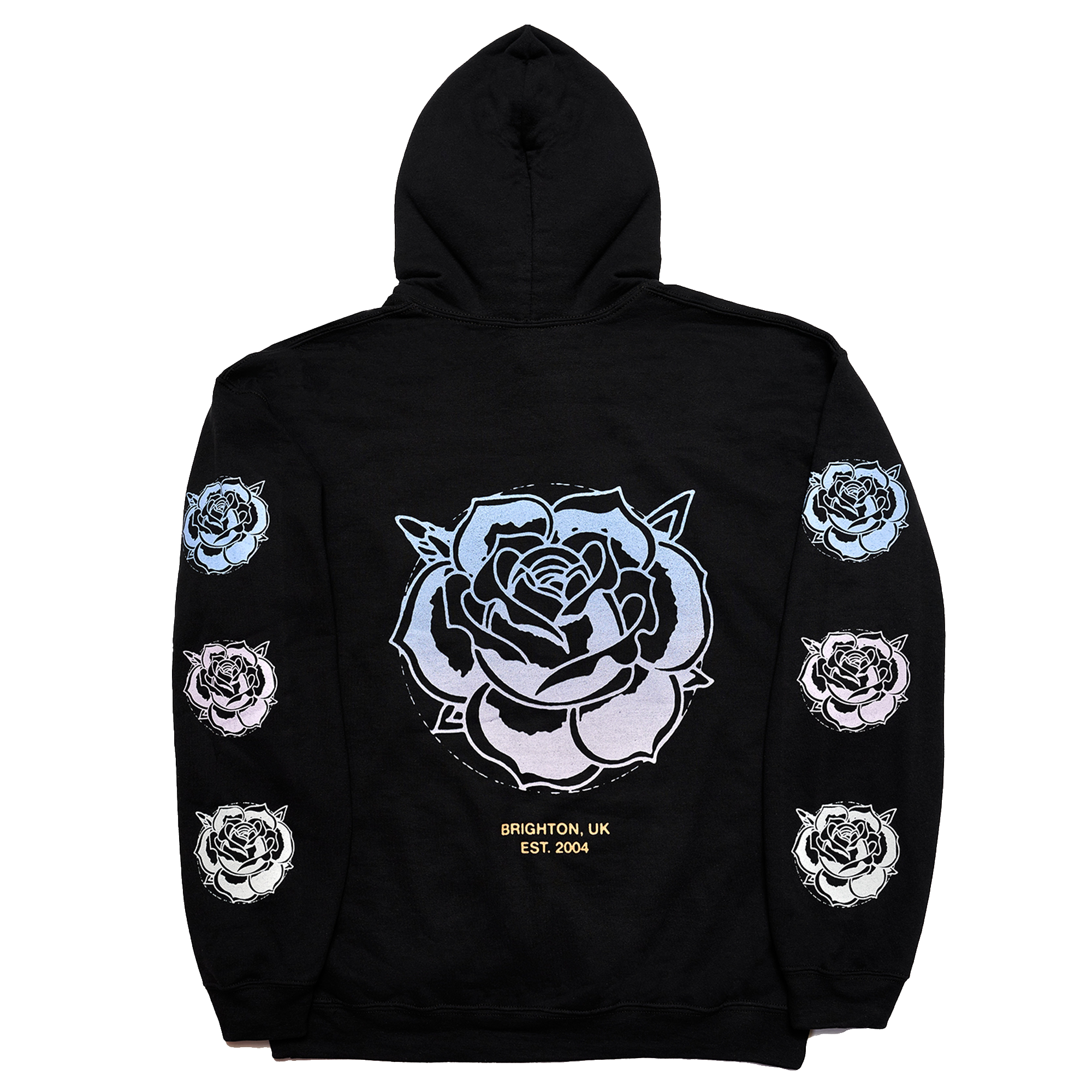 Black regular-fit unisex hoodie featuring a blue Architects rose print across the back, with blue, pink, and white rose prints along the sleeves.
