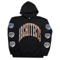 Black regular-fit unisex hoodie featuring an orange Architects print across the front, with blue, pink, and white rose prints along the sleeves.