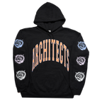 Black regular-fit unisex hoodie featuring an orange Architects print across the front, with blue, pink, and white rose prints along the sleeves.