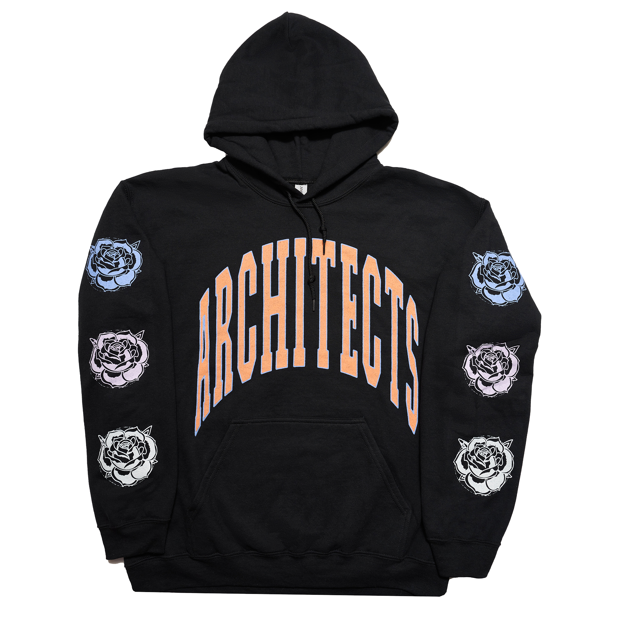 Black regular-fit unisex hoodie featuring an orange Architects print across the front, with blue, pink, and white rose prints along the sleeves.