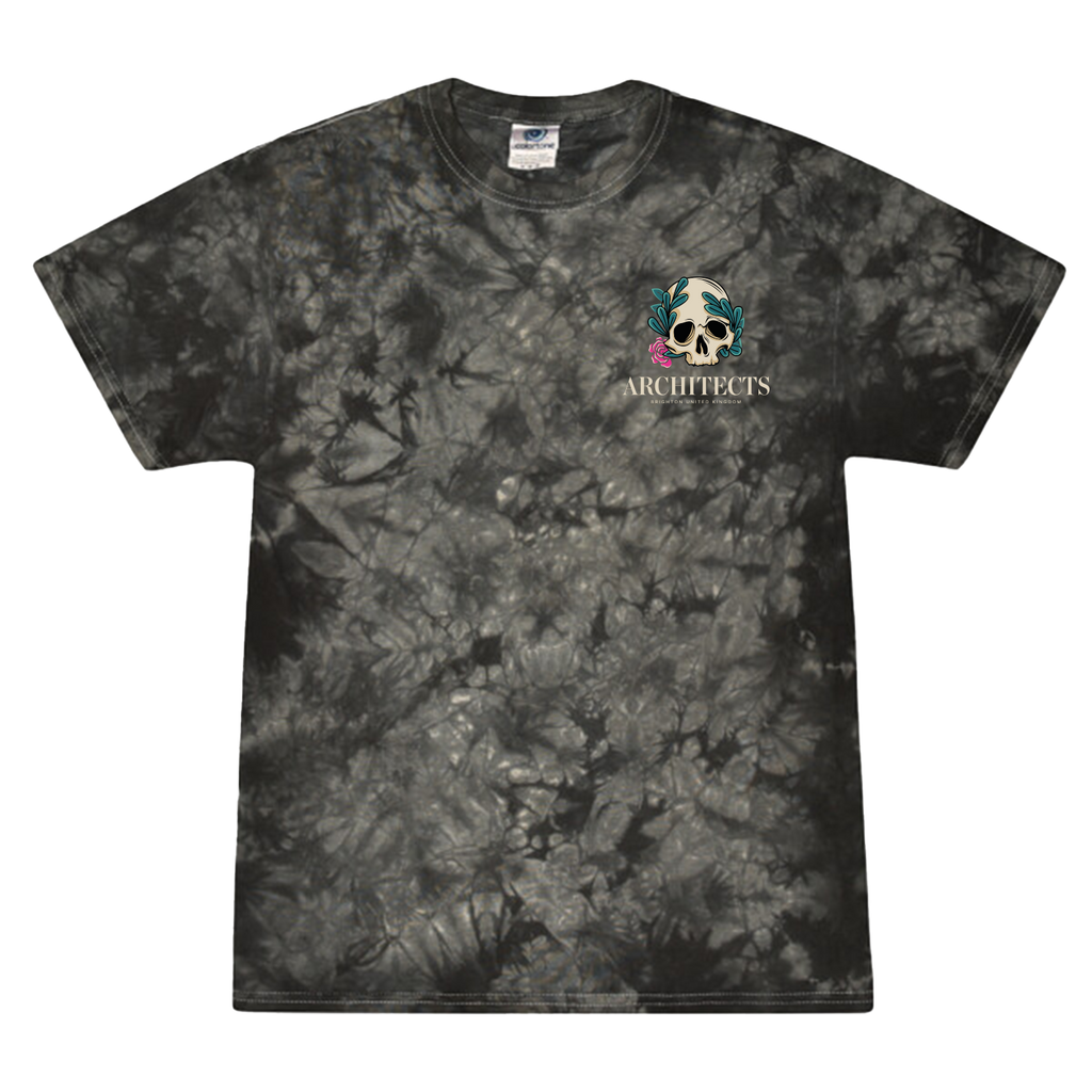 Black unisex tie-dye short-sleeve T-Shirt featuring the Architects Floral Skull print on the right chest and across the back.