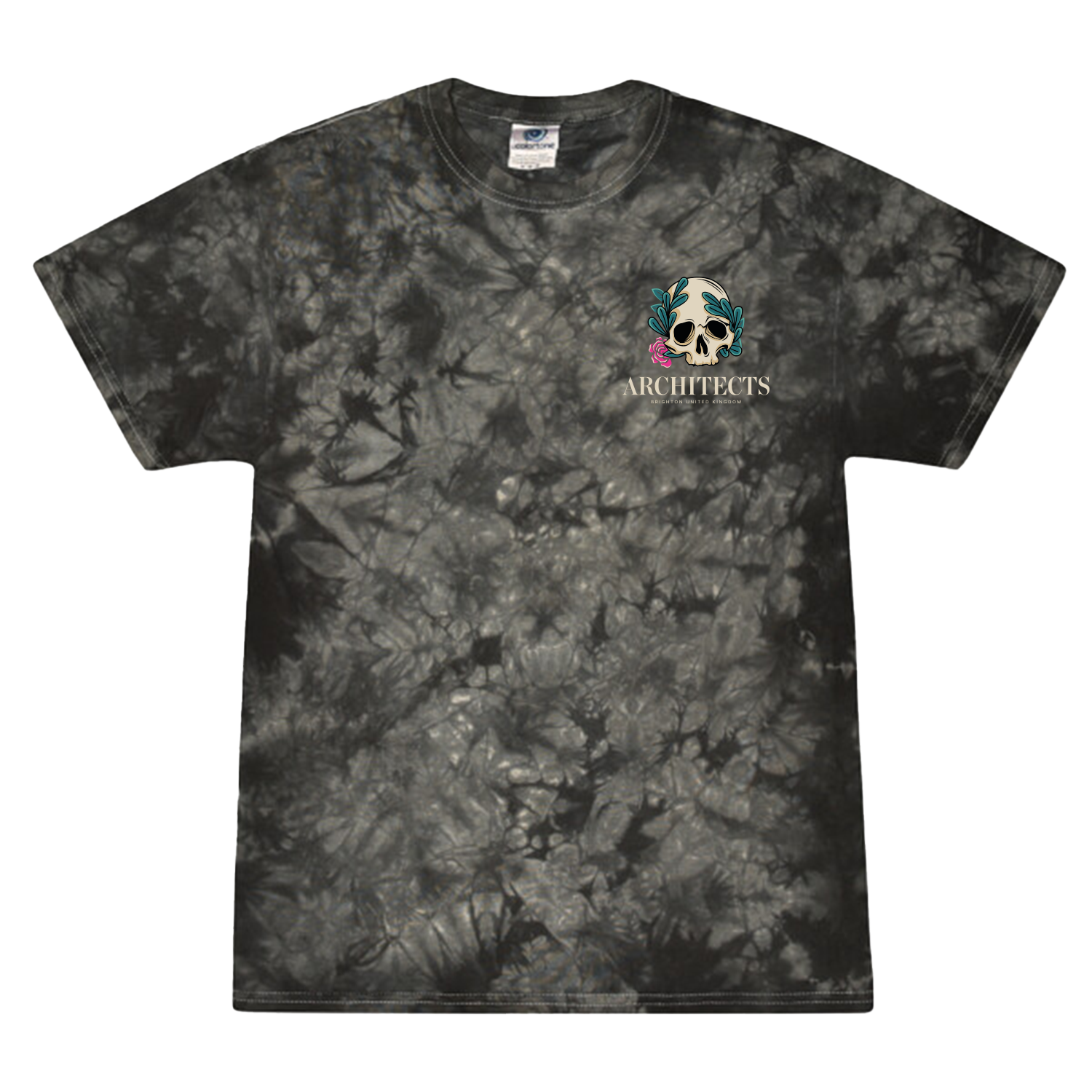 Black unisex tie-dye short-sleeve T-Shirt featuring the Architects Floral Skull print on the right chest and across the back.