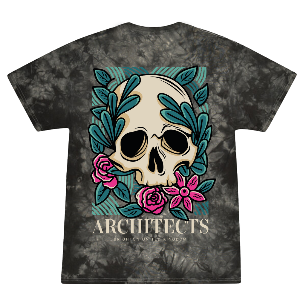 Black unisex tie-dye short-sleeve T-Shirt featuring the Architects Floral Skull print on the right chest and across the back.