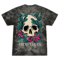 Black unisex tie-dye short-sleeve T-Shirt featuring the Architects Floral Skull print on the right chest and across the back.