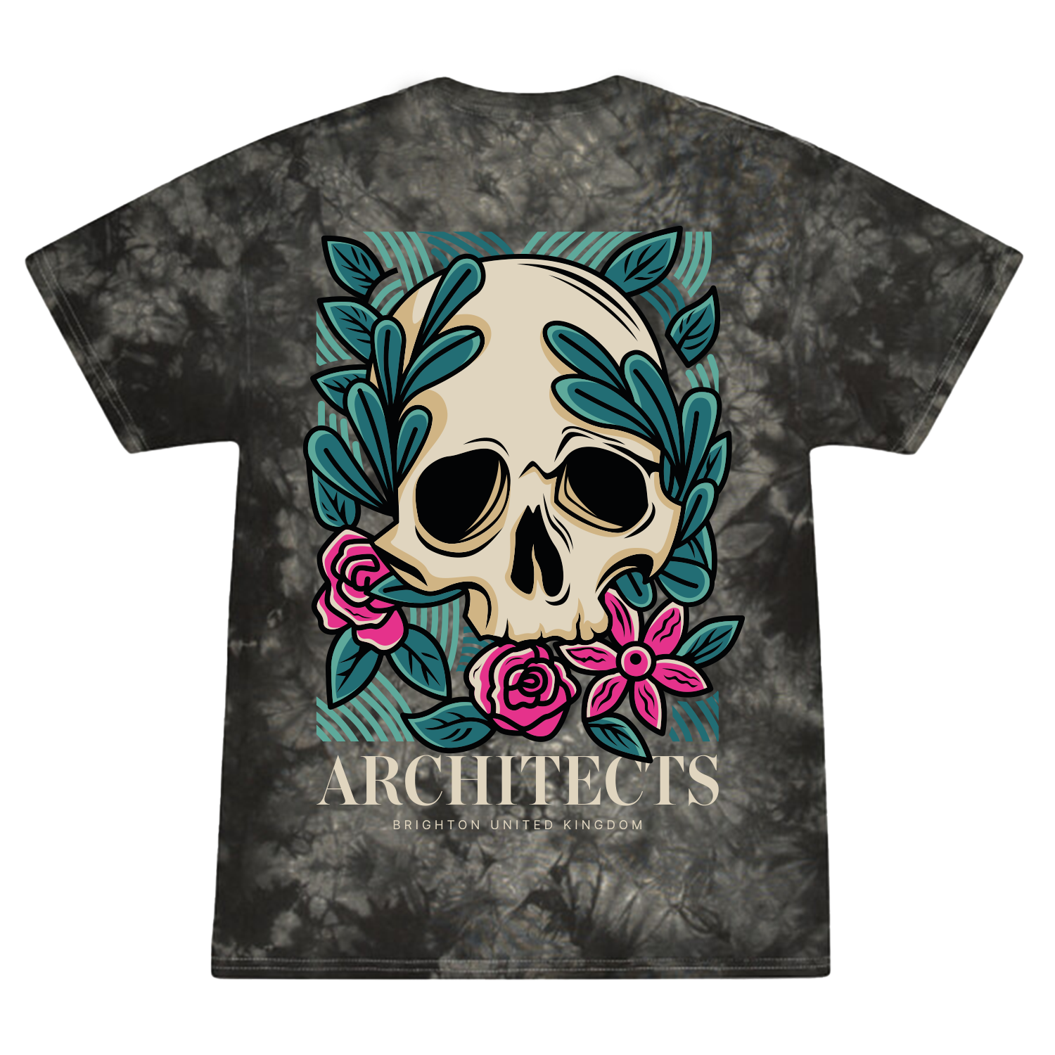 Black unisex tie-dye short-sleeve T-Shirt featuring the Architects Floral Skull print on the right chest and across the back.