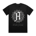 Black short-sleeve unisex t-shirt with Architects Lost Forever // Lost Together print across the front