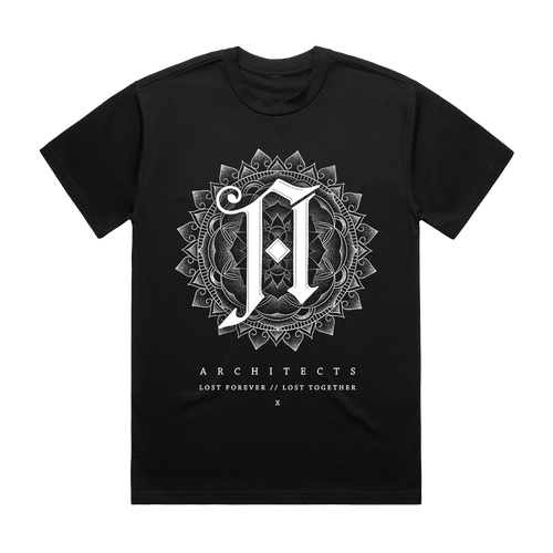 Black short-sleeve unisex t-shirt with Architects Lost Forever // Lost Together print across the front