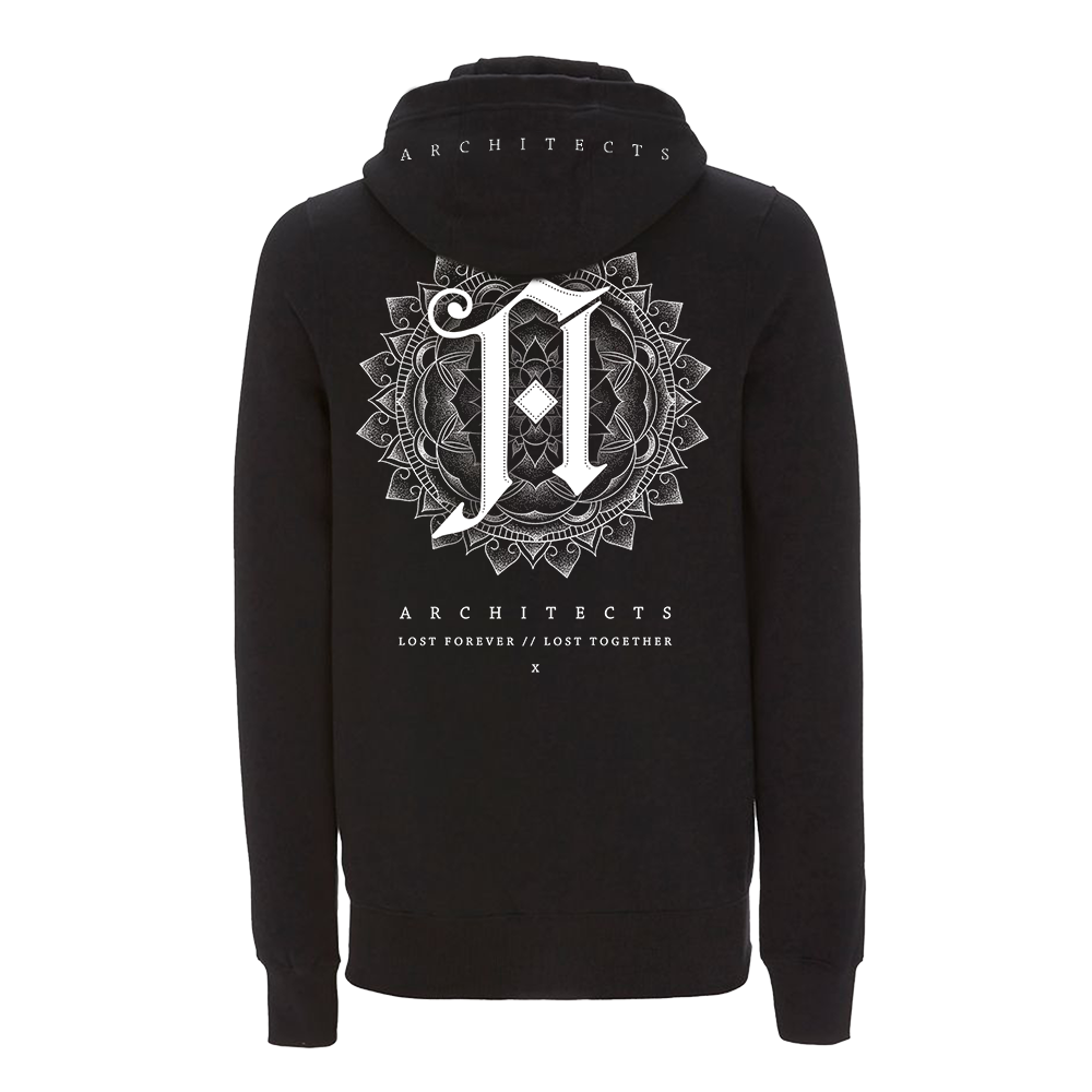 Black unisex zip-up hoodie featuring an Architects Lost Forever // Lost Together print across the back