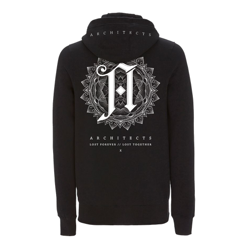 Black unisex zip-up hoodie featuring an Architects Lost Forever // Lost Together print across the back