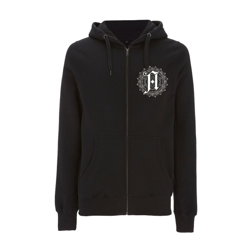 Black unisex zip-up hoodie featuring an Architects A print across the front right chest.