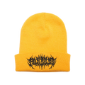Yellow beanie featuring Barbed Wire Architects embroidery across the front