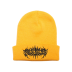 Yellow beanie featuring Barbed Wire Architects embroidery across the front