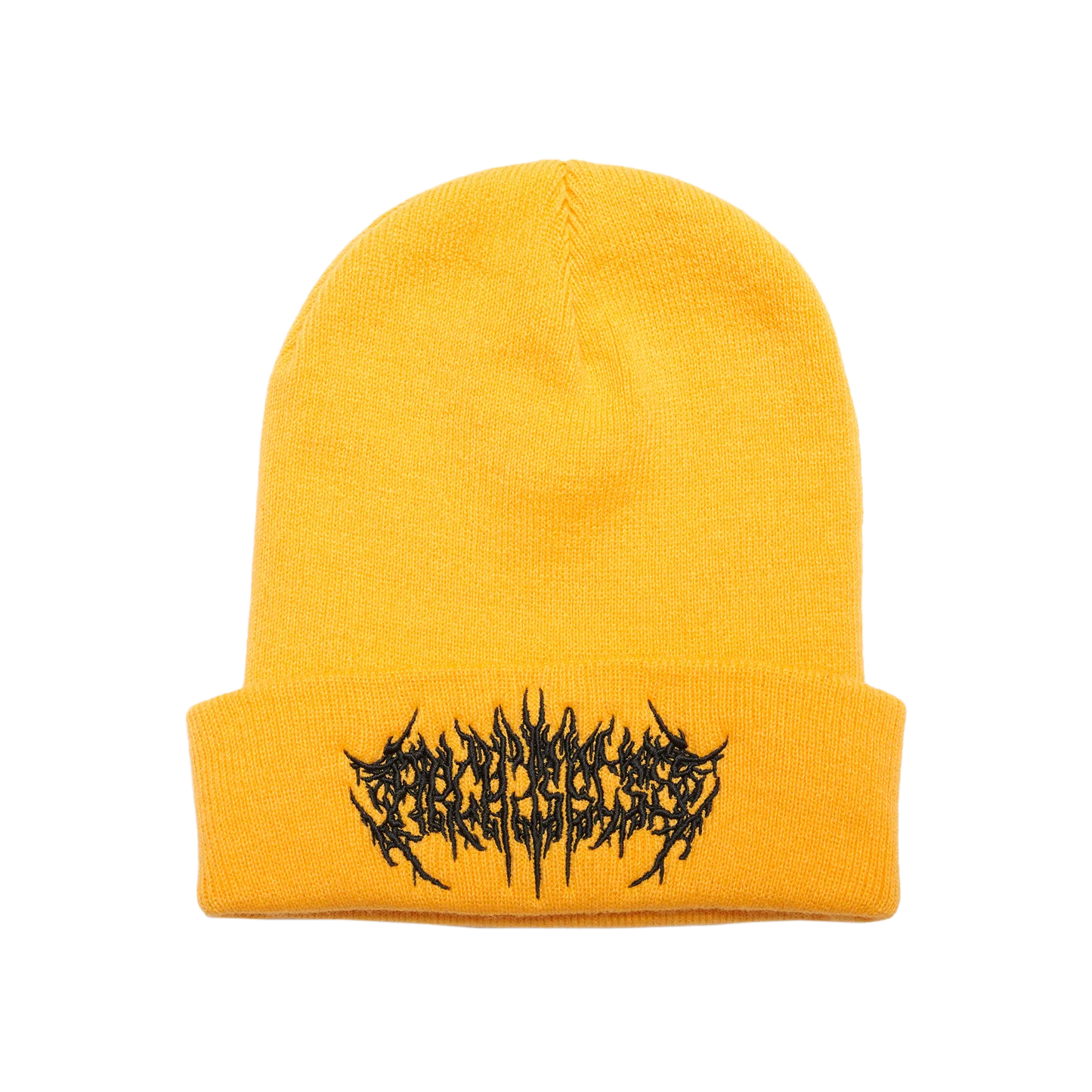 Yellow beanie featuring Barbed Wire Architects embroidery across the front