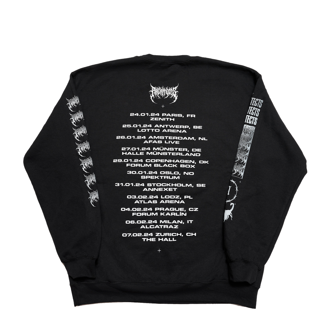 Black unisex crewneck featuring UK Winter 2024 tour dates across the back and a barbed wire print across the sleeves.
