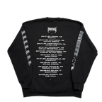 Black unisex crewneck featuring UK Winter 2024 tour dates across the back and a barbed wire print across the sleeves.