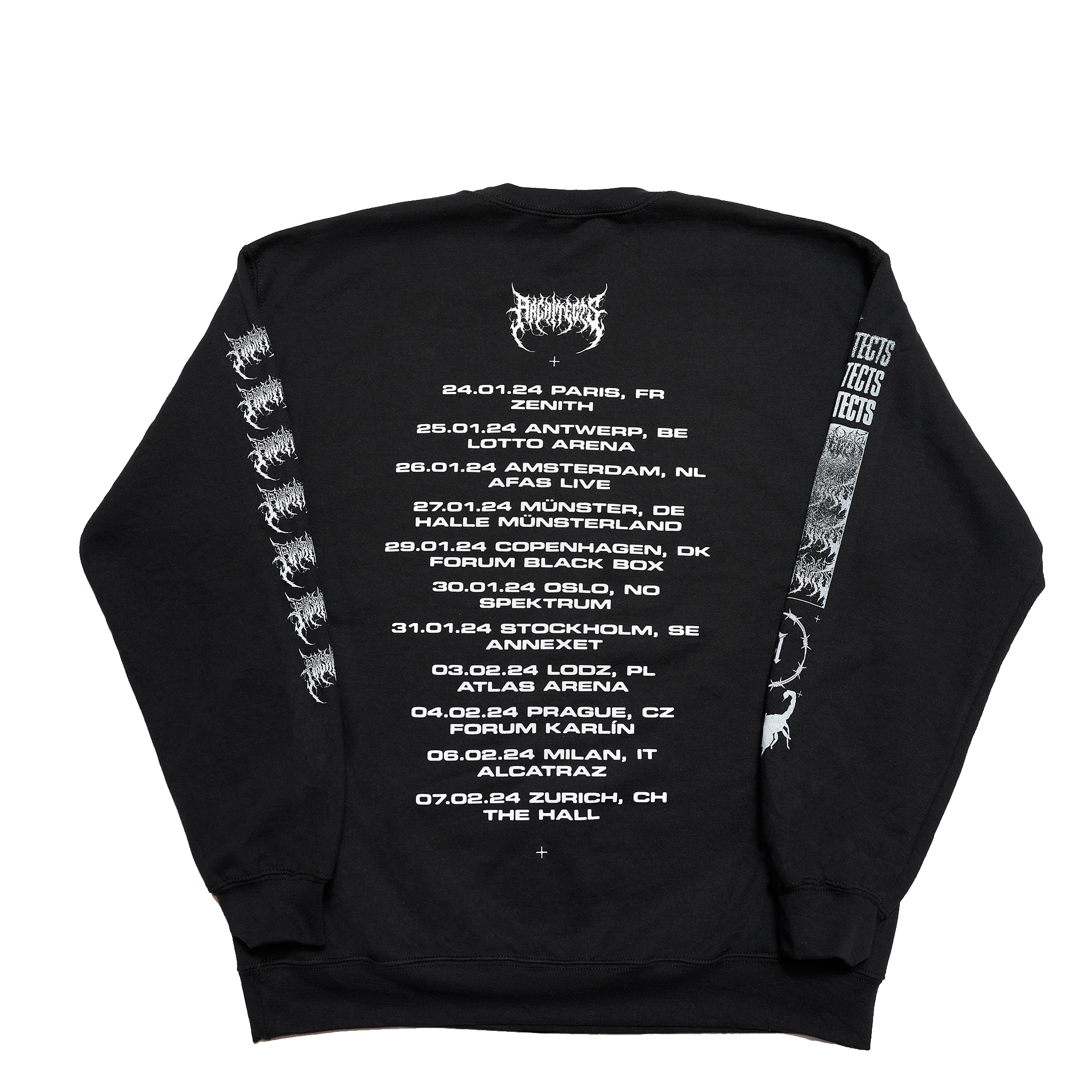 Black unisex crewneck featuring UK Winter 2024 tour dates across the back and a barbed wire print across the sleeves.