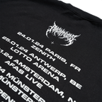 Black unisex crewneck featuring UK Winter 2024 tour dates across the back and a barbed wire print across the sleeves.