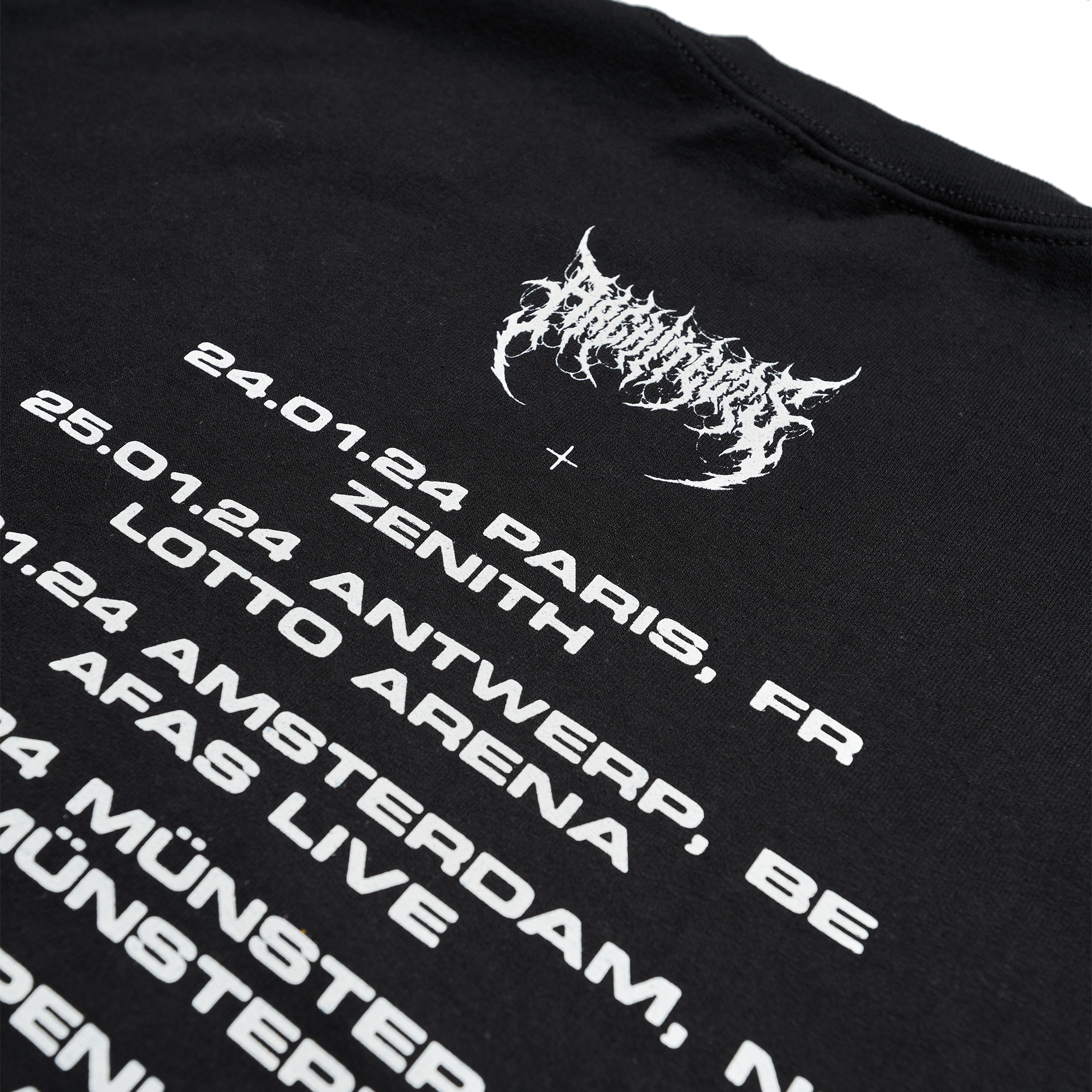 Black unisex crewneck featuring UK Winter 2024 tour dates across the back and a barbed wire print across the sleeves.