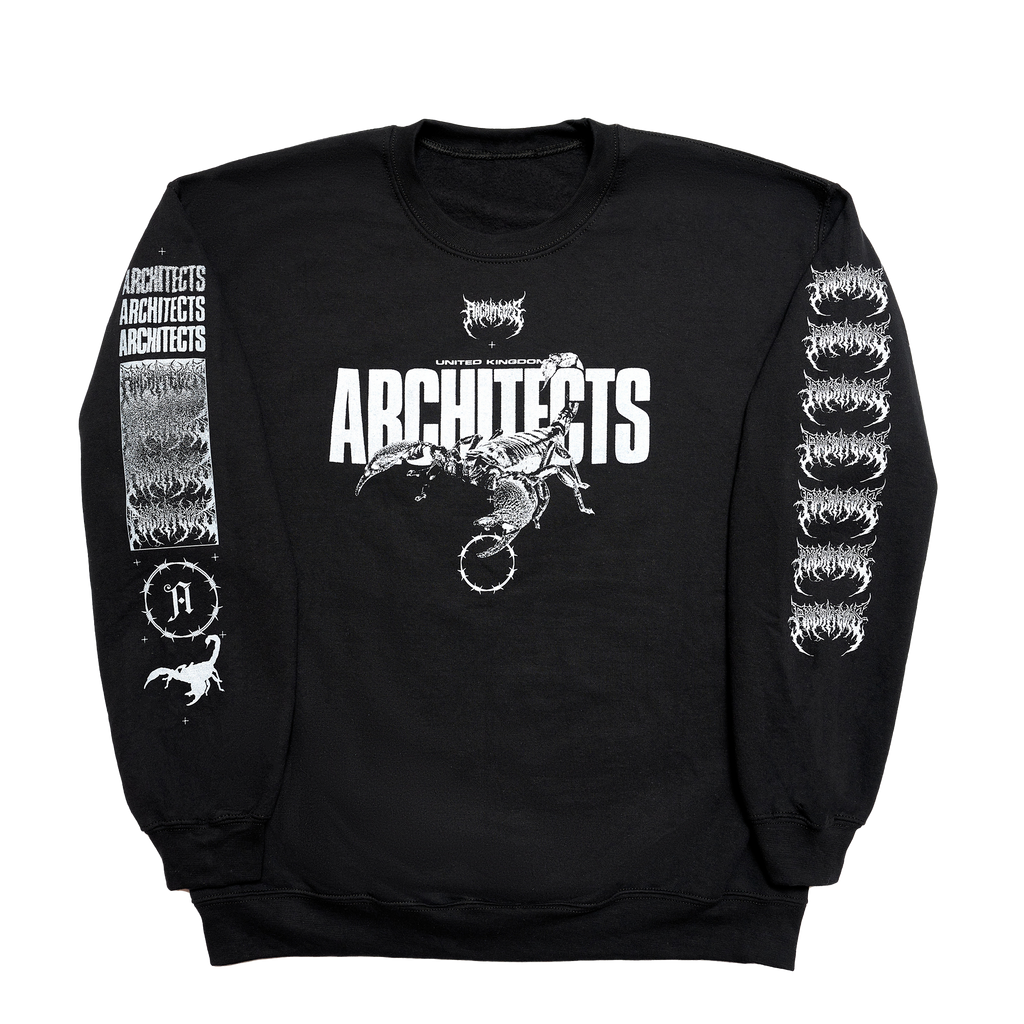 Black unisex crewneck featuring a white Architects Scorpio print across the front and a barbed wire print across the sleeves.