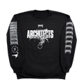 Black unisex crewneck featuring a white Architects Scorpio print across the front and a barbed wire print across the sleeves.