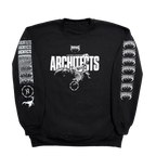 Black unisex crewneck featuring a white Architects Scorpio print across the front and a barbed wire print across the sleeves.