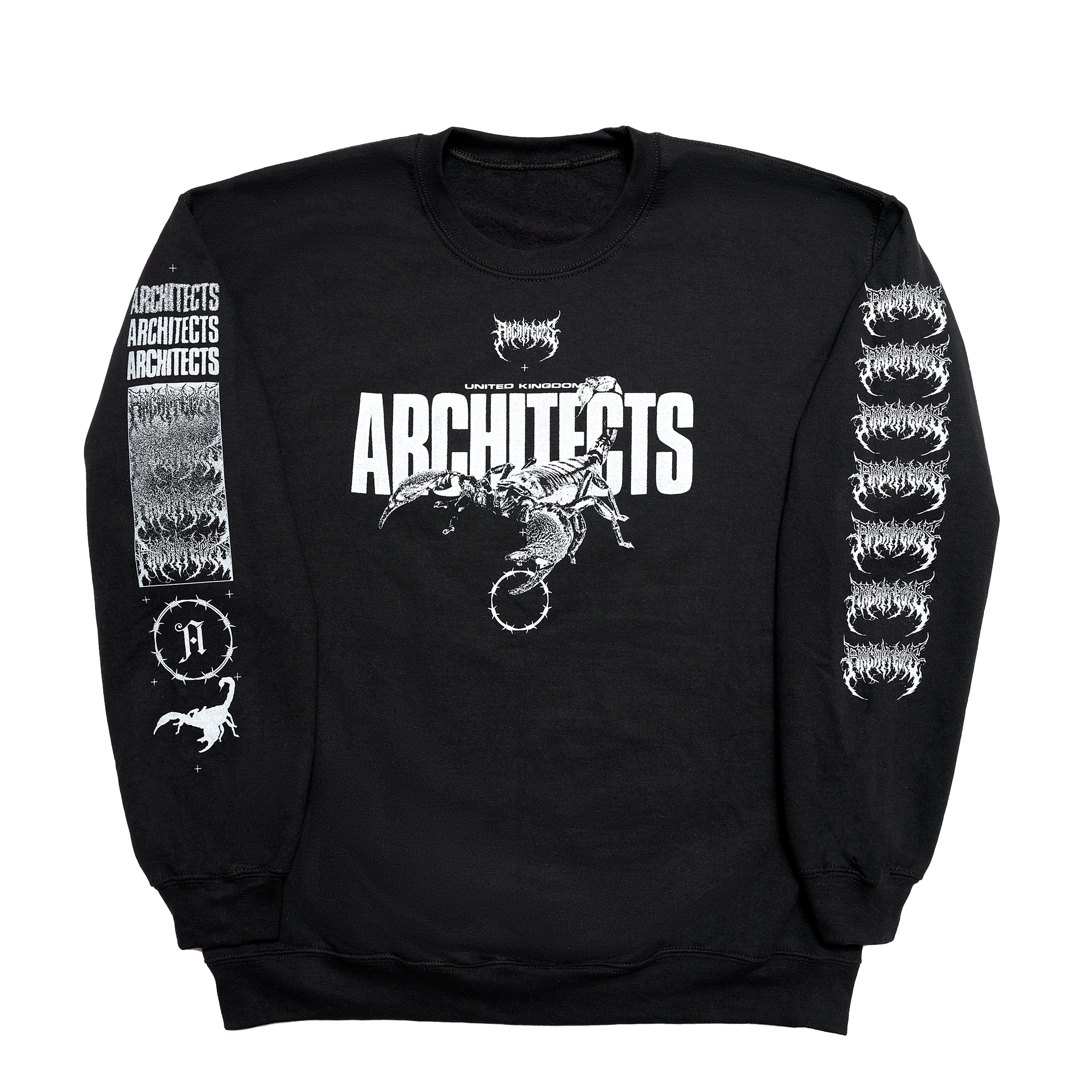 Black unisex crewneck featuring a white Architects Scorpio print across the front and a barbed wire print across the sleeves.
