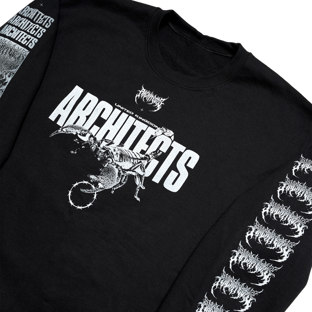 Black unisex crewneck featuring a white Architects Scorpio print across the front and a barbed wire print across the sleeves.